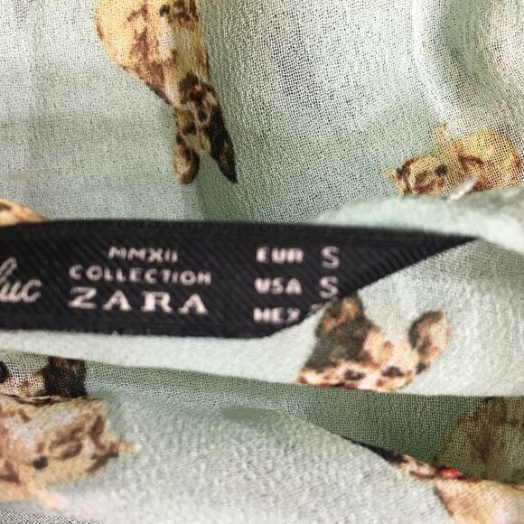 ZARA FRENCH BULLDOG PRINT NOVELTY SHEER CHIFFON STUDDED SHOULDER MINT BLOUSE S - Picture 10 of 12